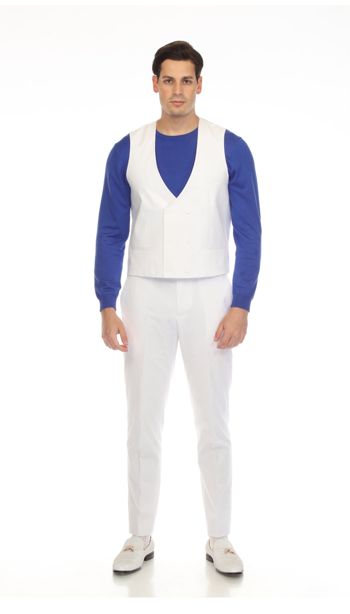 Men's White Grant Double Breasted Seersucker Mens Vest
