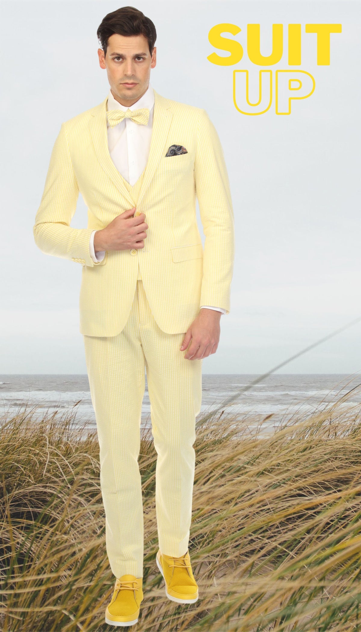 Men's Slim Fit Two Button Yellow Seersucker Suit