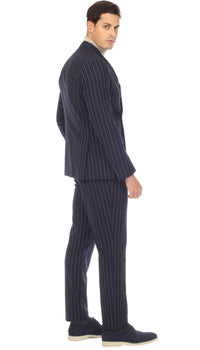 Bellagio Navy White Mens 6 Button Slim Peak Lapel Suit With Double Breasted Suit Pick Stitching Ticket Pocket.