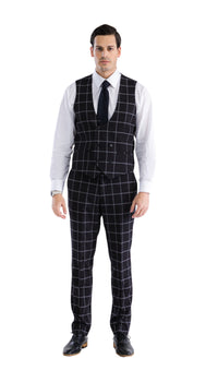 Copper Black Mens 2 Button Slim Notch Lapel Suit With Pick Stitching "U" Shaped Vest Double Breasted