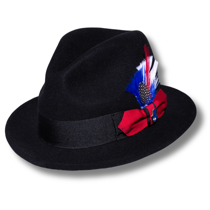 Ferrecci Brooks Soft 100% Australian Wool Felt Body With Removable Feather Black/Red Hat Great For Travel
