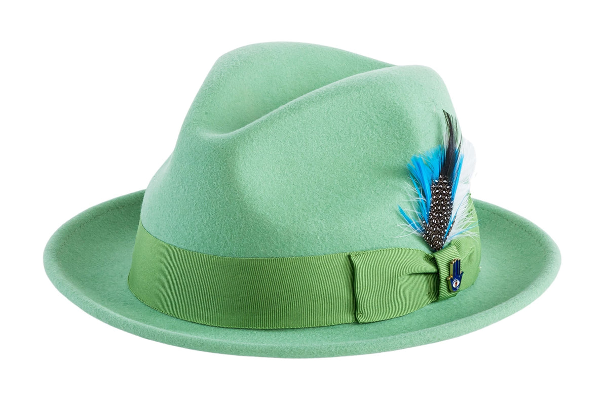Ferrecci Brooks Trilby Soft 100% Australian Wool Felt Body with Removable Feather Lime Green Hat Great for Travel