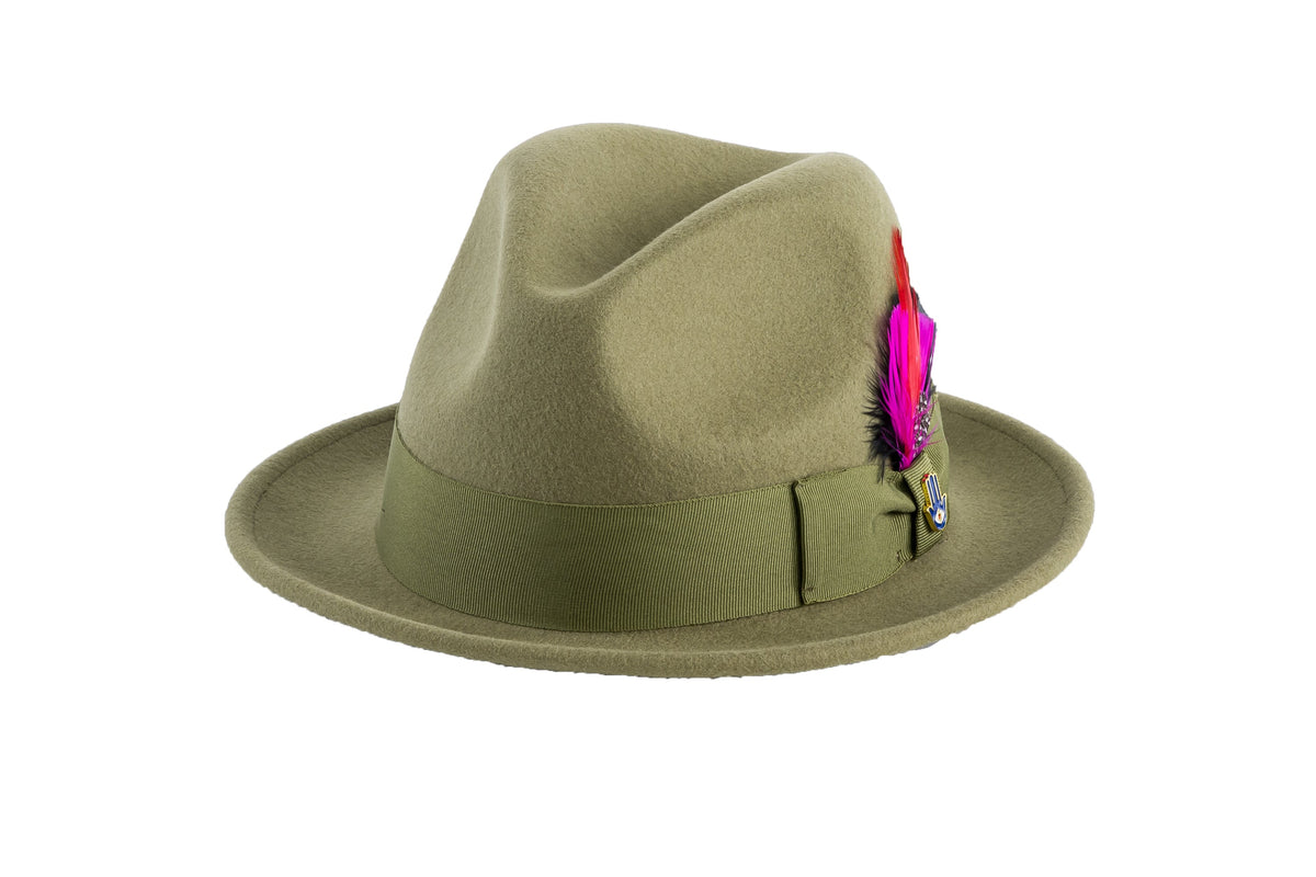 Ferrecci Brooks Trilby Soft 100% Australian Wool Felt Body with Removable Feather olive green hat Great for Travel