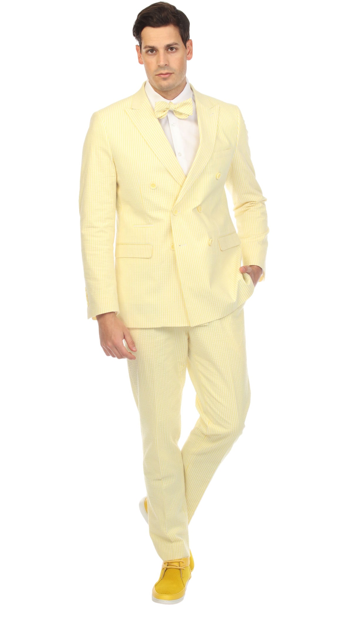 Men's Yellow Double Breasted Slim Fit Seersucker Suit