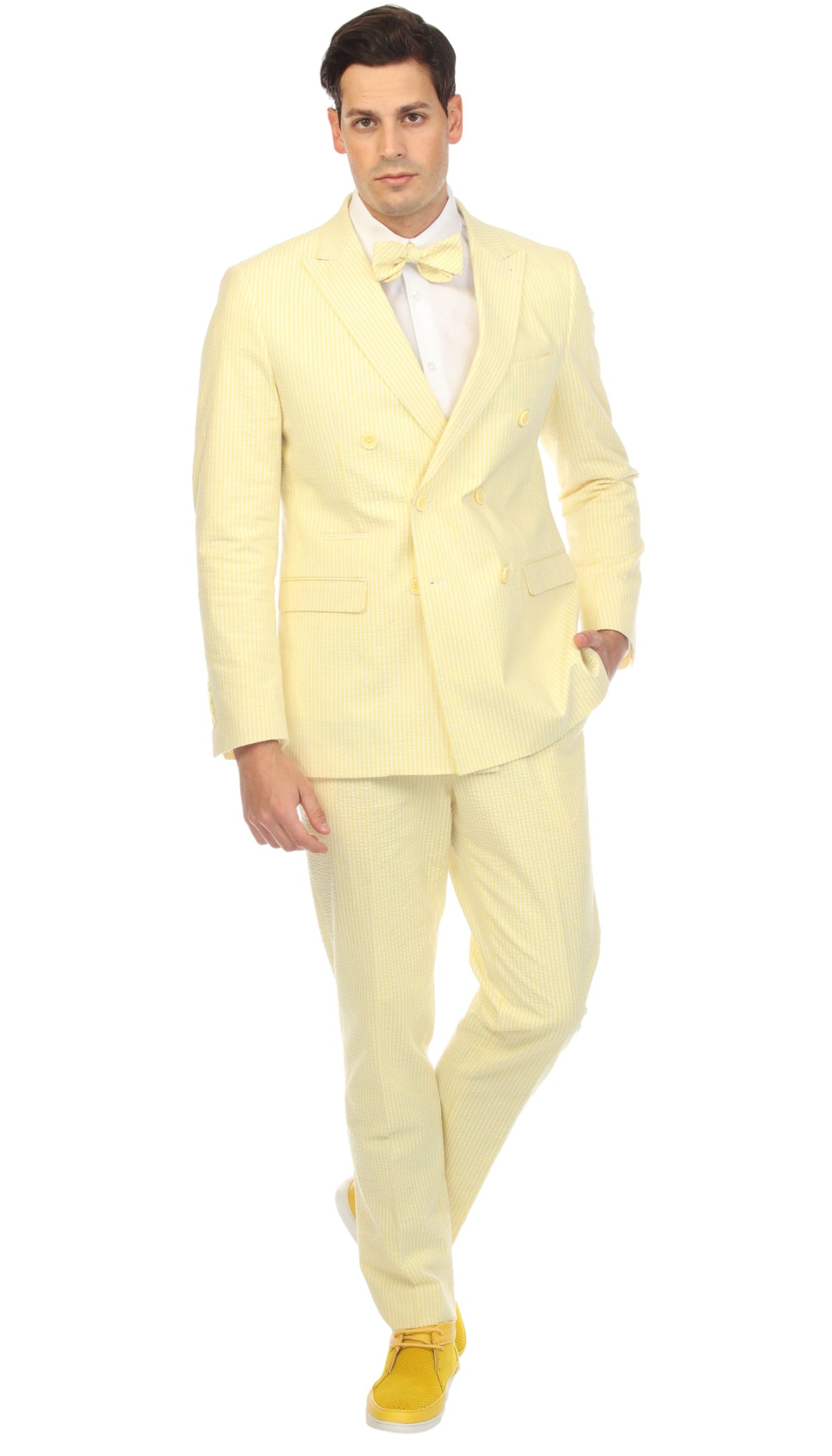 Men's Yellow Double Breasted Slim Fit Seersucker Suit