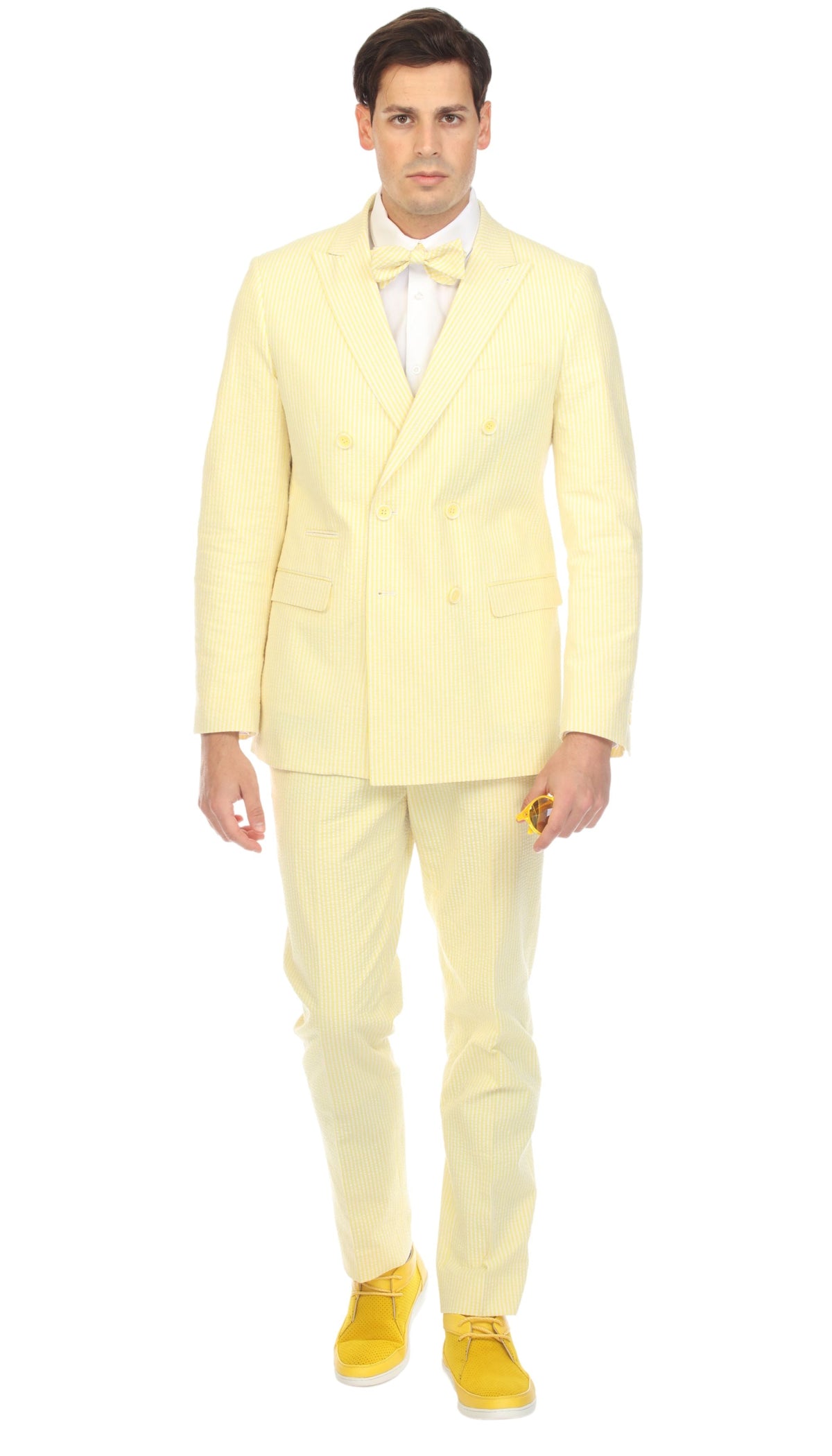 Men's Yellow Double Breasted Slim Fit Seersucker Suit