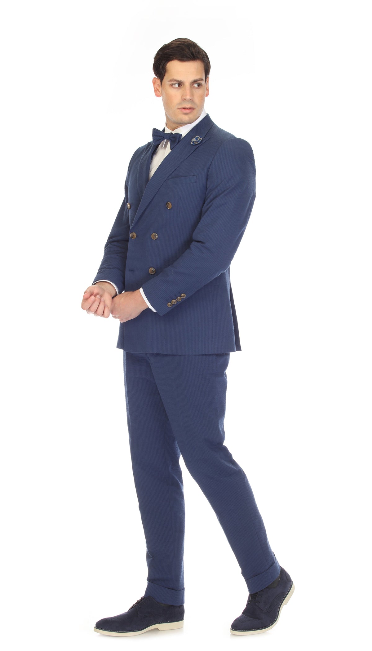 Men's Navy Double Breasted Slim Fit Seersucker Suit