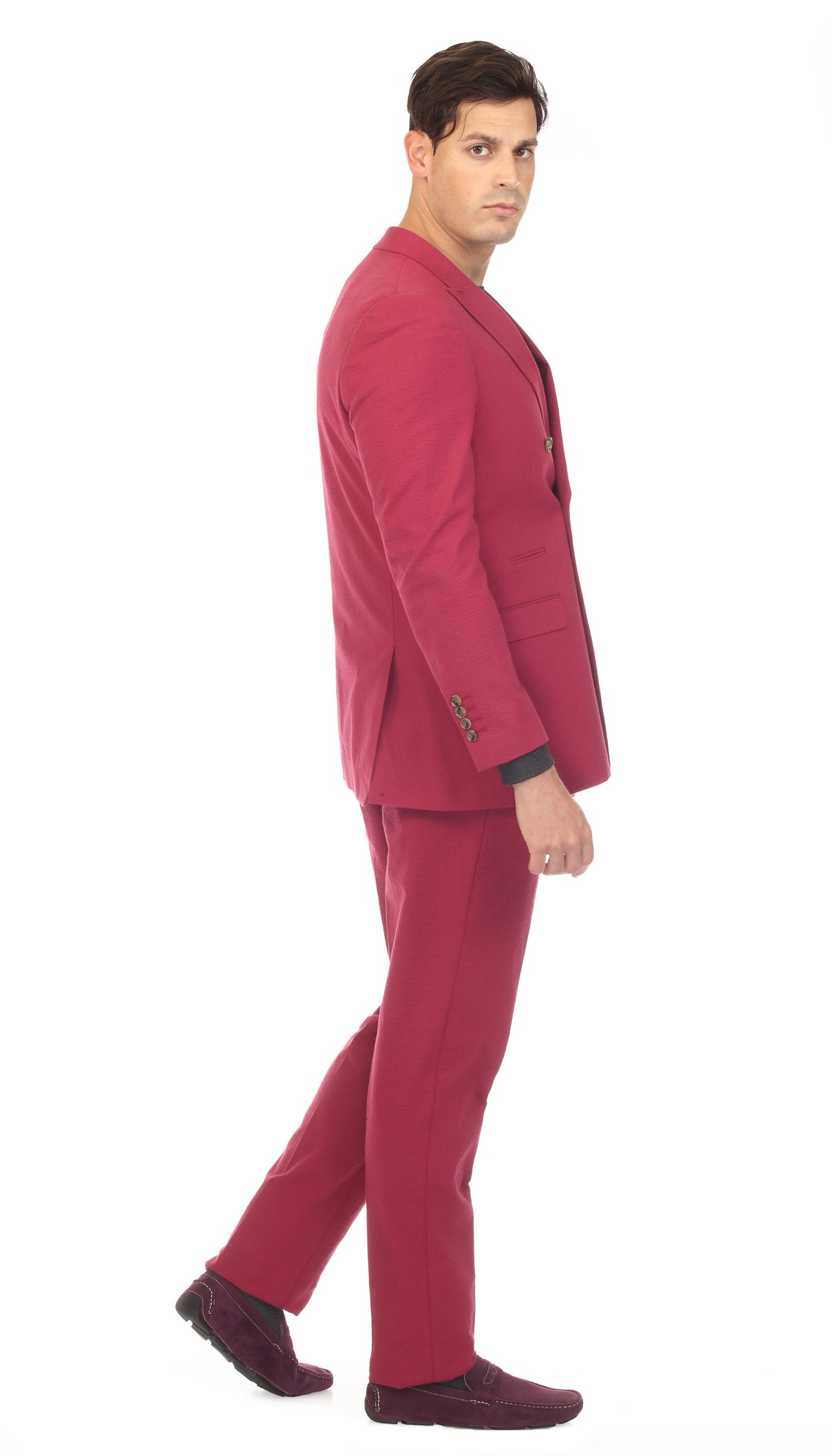 Men's Burgundy Double Breasted Slim Fit Seersucker Suit