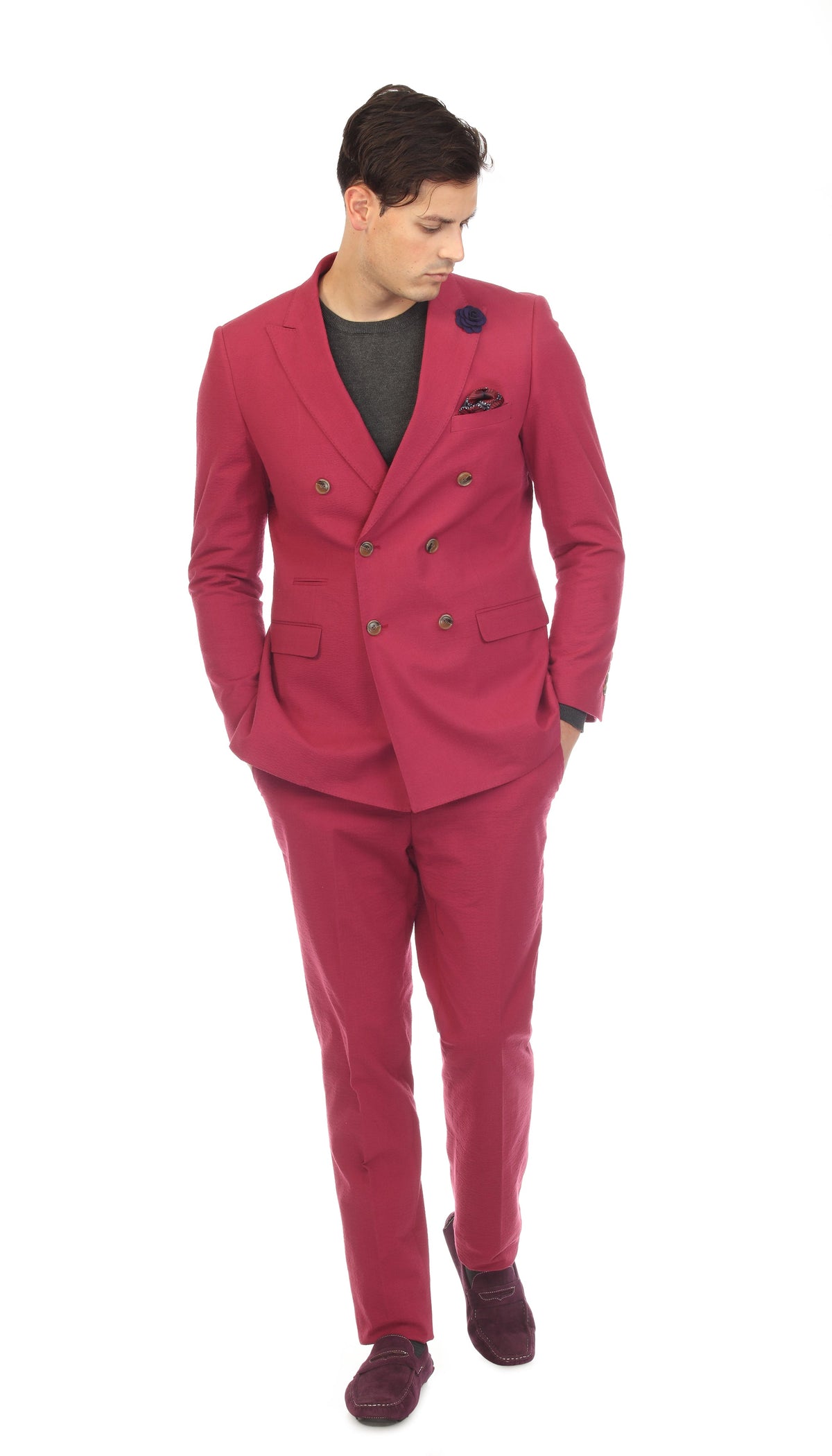 Men's Burgundy Double Breasted Slim Fit Seersucker Suit