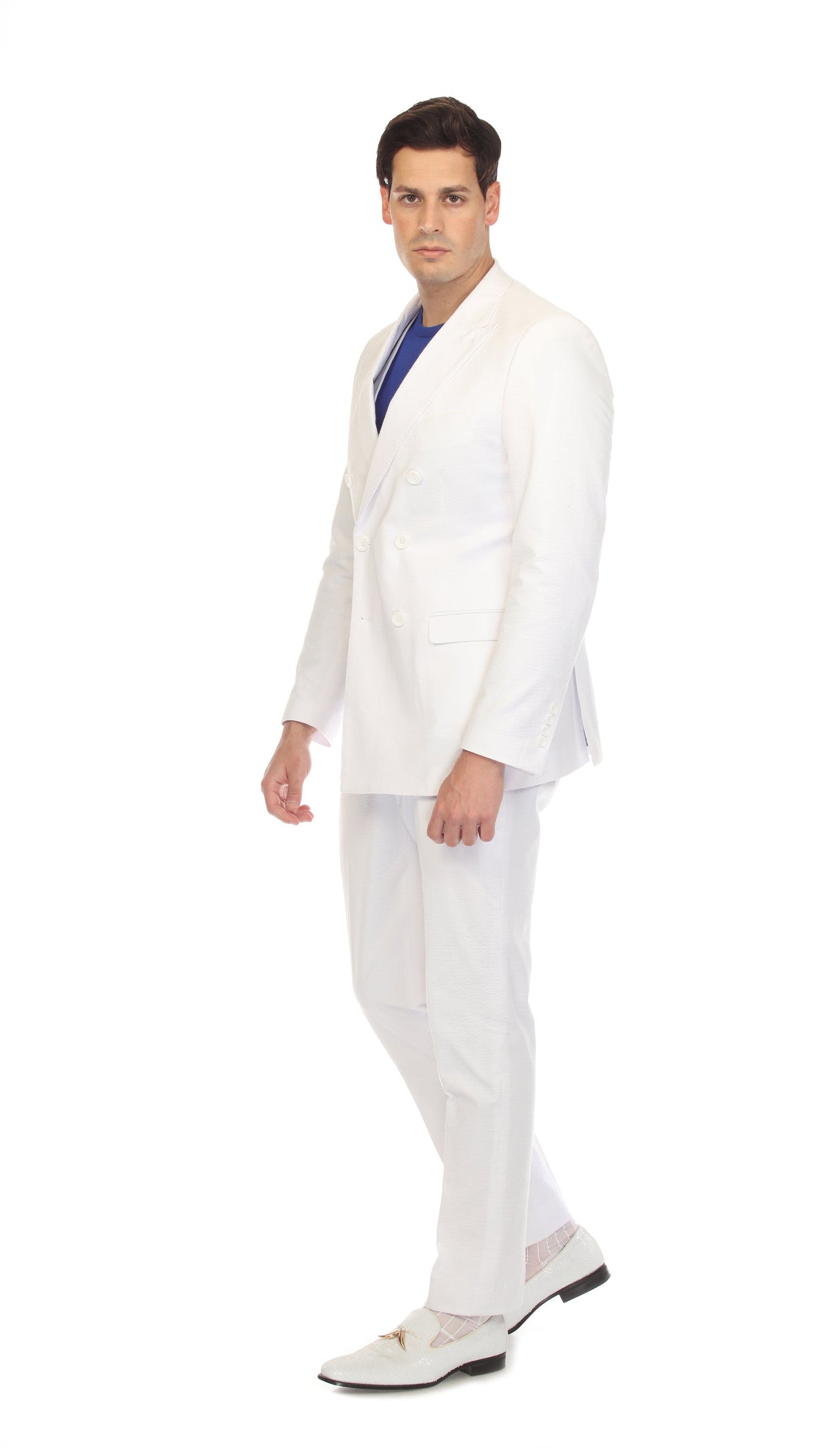 Men's White Double Breasted Slim Fit Seersucker Suit
