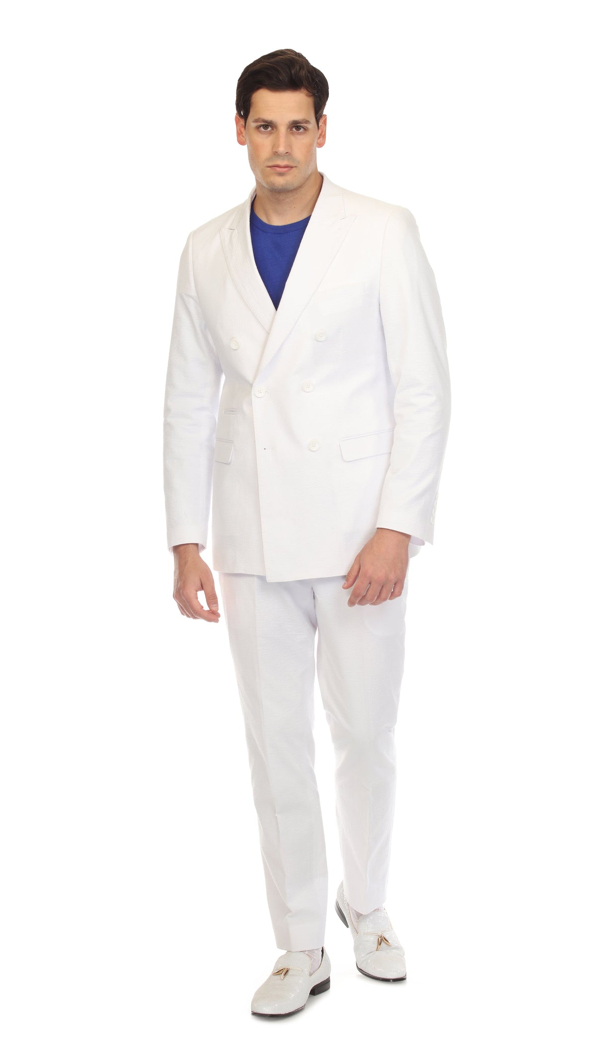 Men's White Double Breasted Slim Fit Seersucker Suit