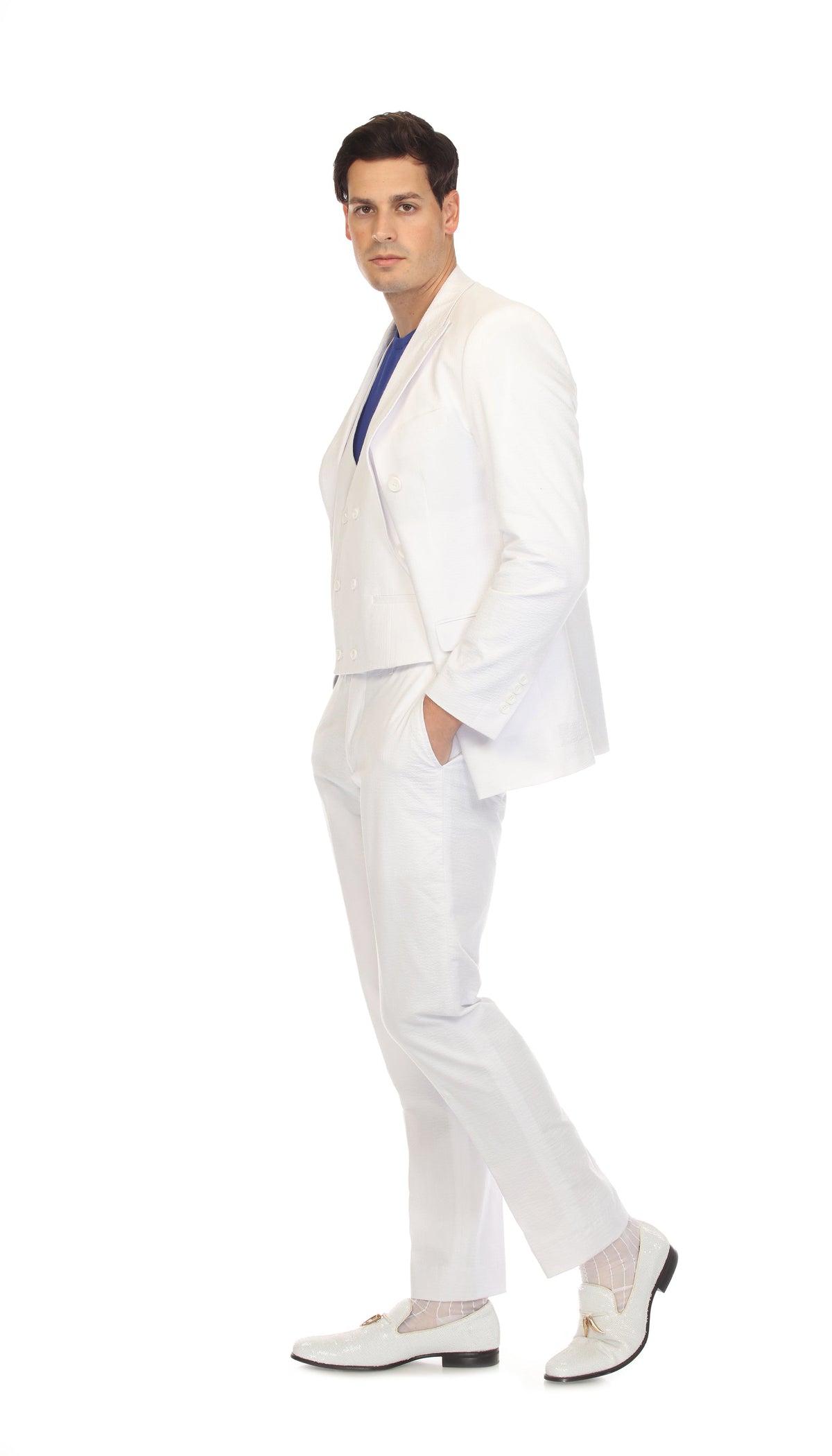 Men's White Double Breasted Slim Fit Seersucker Suit