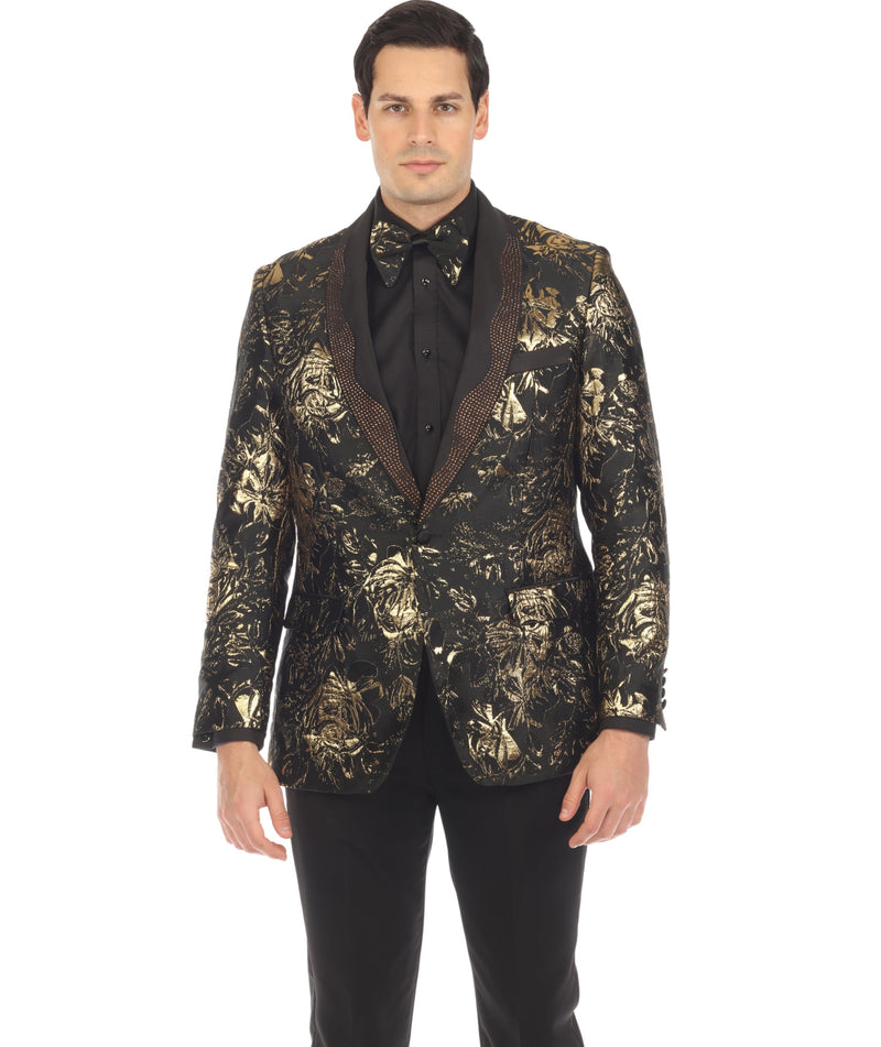 Men's Midnight Gold Shawl Collar Tuxedo 1 Button 2 Vent Slim Fit Blazer