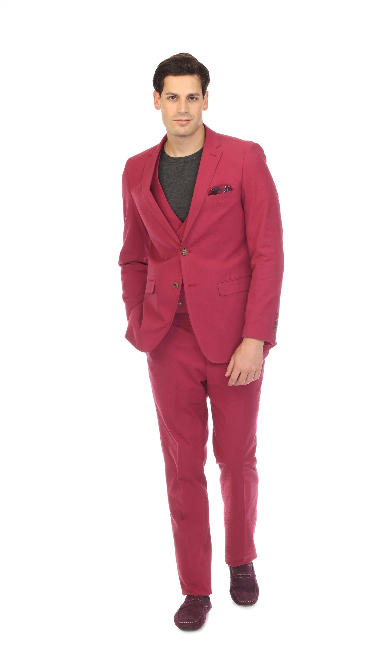 Men's Slim Fit Two Button Burgundy Seersucker Suit