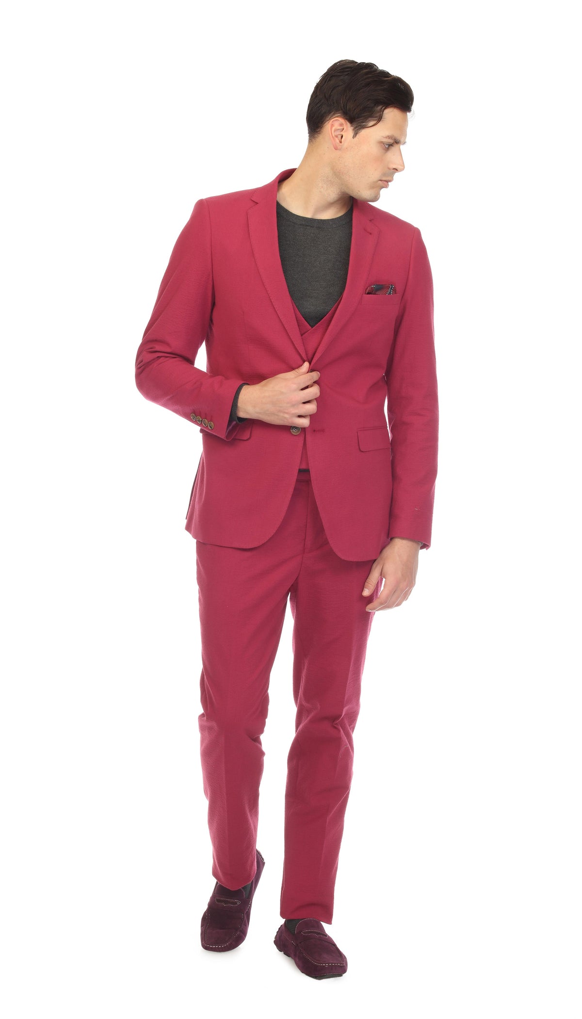 Men's Slim Fit Two Button Burgundy Seersucker Suit