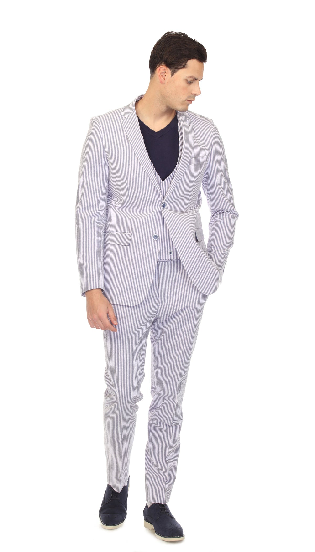 Men's Slim Fit Two Button Blue Seersucker Suit