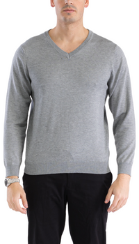 Sam Jacobi Mens Pullover Grey Knitted Sweater V-neck Stylish Knitwear Long Sleeve Casual Slim Fit