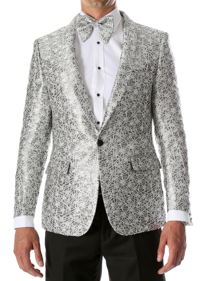 Men's Rene Abstract Silver Modern Fit Shawl Collar Tuxedo Blazer - Young Man’s Prom Wear