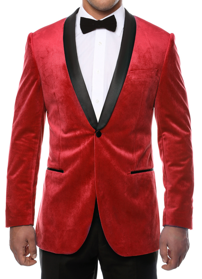 Enzo Red Slim Fit Velvet Shawl Tuxedo Blazer
