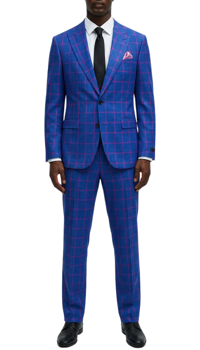The Kingston Mens Blue Checker Slim Fit 3 Piece Suit