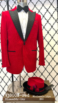 Mens Velvet Red Peak Lapel Blazer With Black Rhinestone Accent.