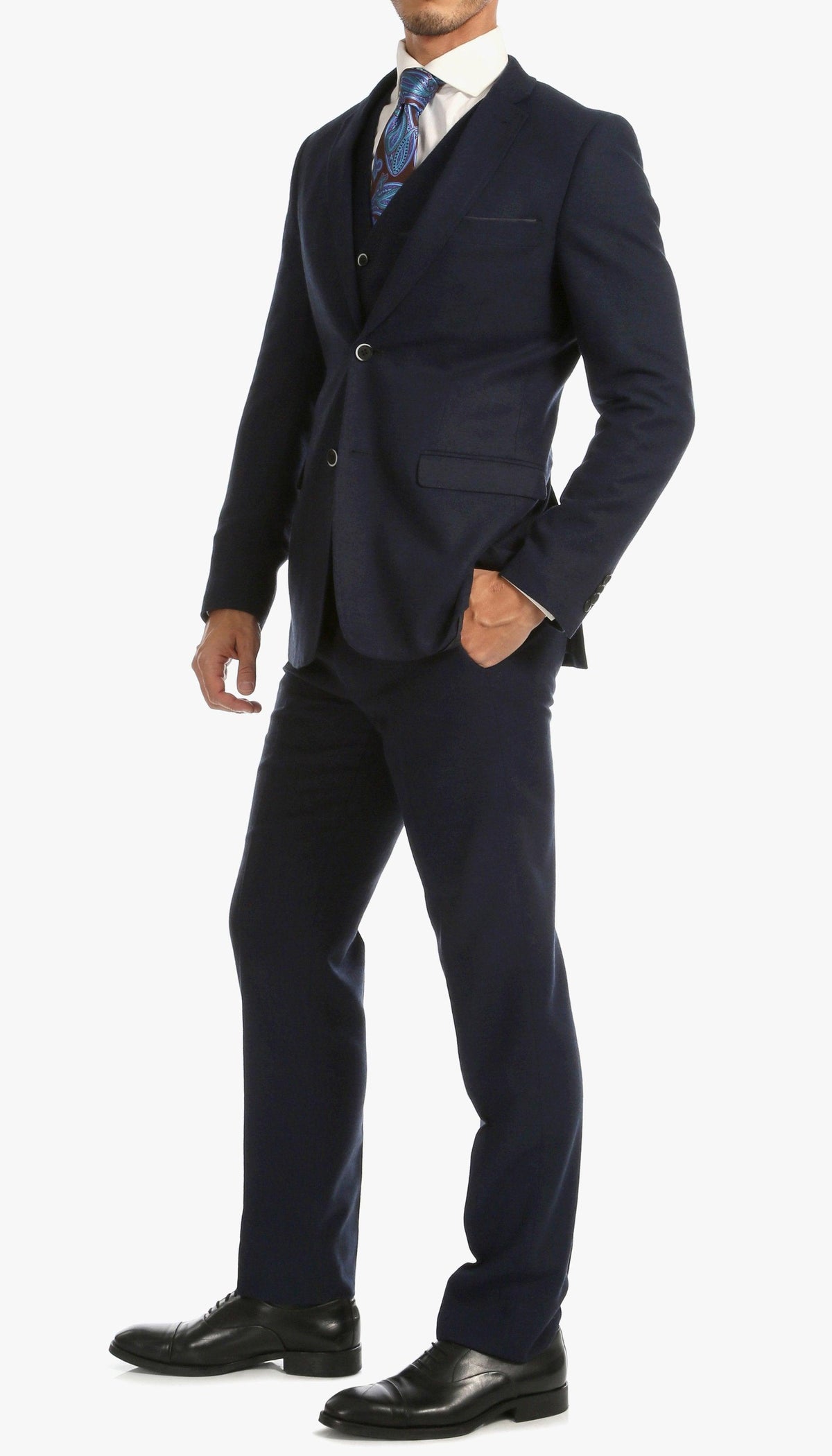 Bradford Navy Tweed With Slim Fit Suit With Five Button Vest - Ferrecci USA 