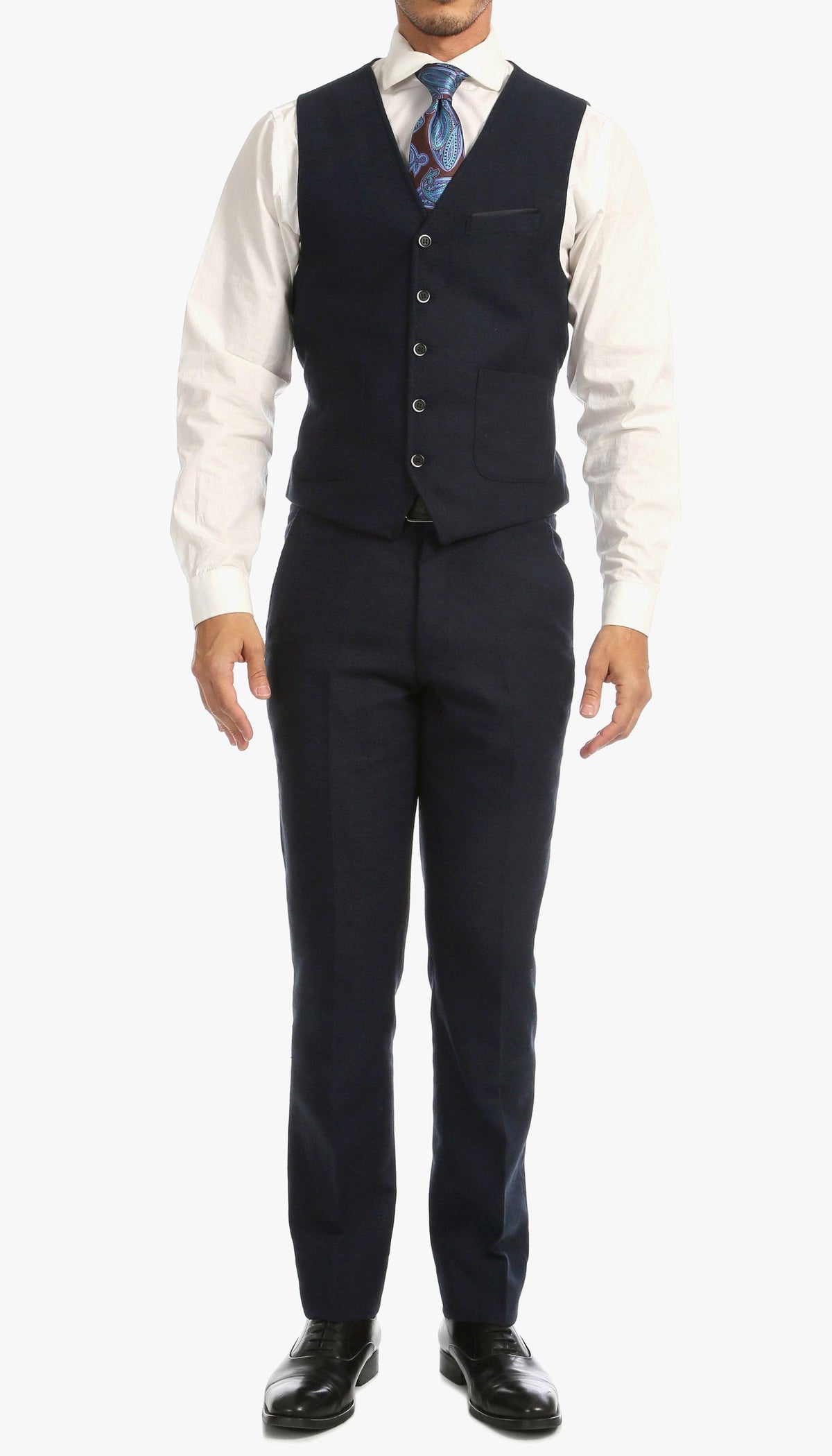 Bradford Navy Tweed With Slim Fit Suit With Five Button Vest - Ferrecci USA 