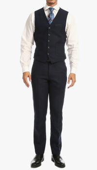 Bradford Navy Tweed With Slim Fit Suit With Five Button Vest - Ferrecci USA 