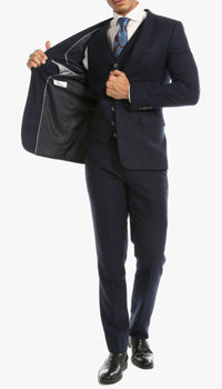 Bradford Navy Tweed With Slim Fit Suit With Five Button Vest - Ferrecci USA 