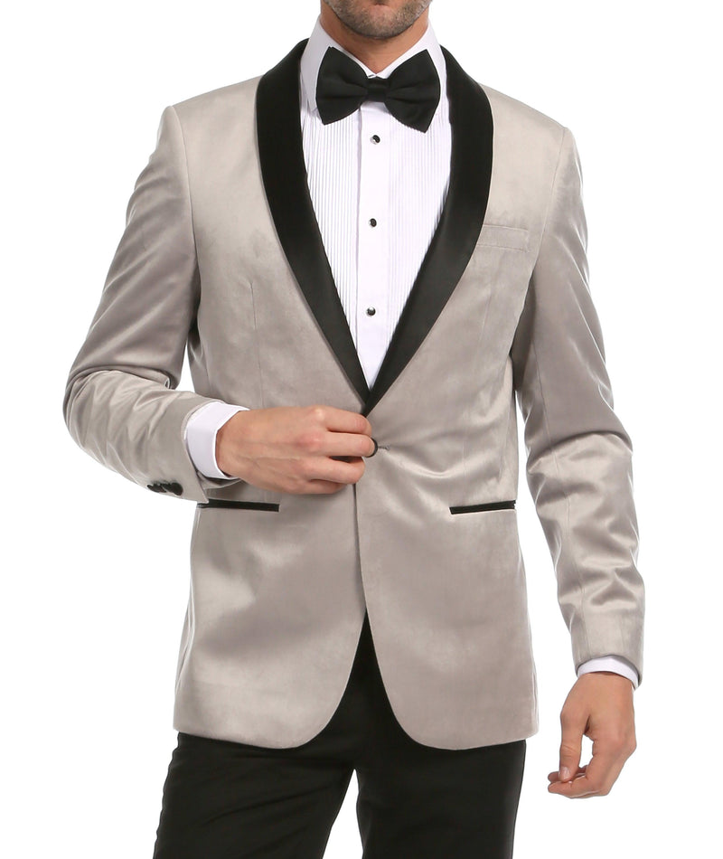 Enzo Light Grey Velvet Slim Fit Shawl Lapel Tuxedo Men's Blazer - Ferrecci USA 