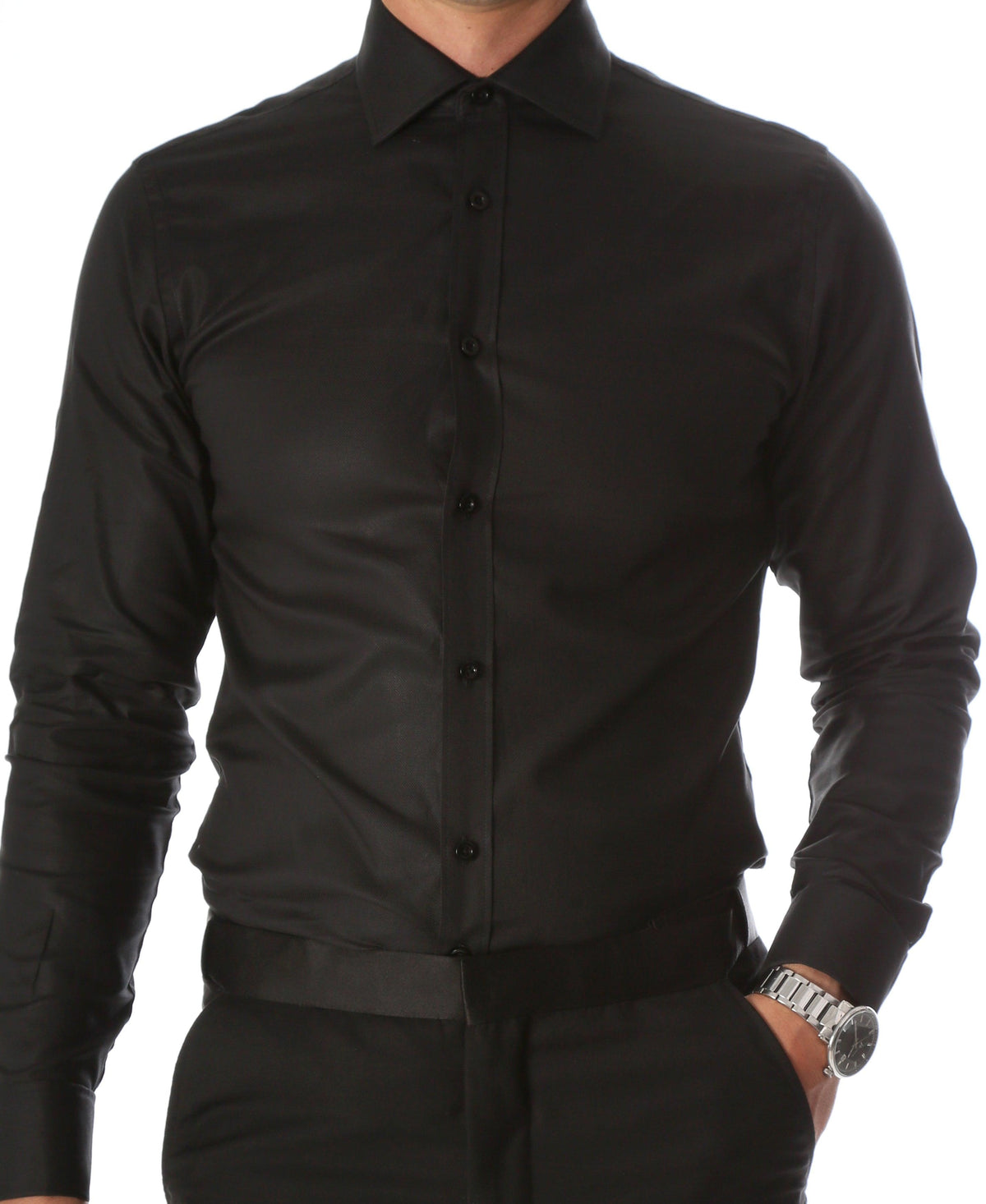 Ferrecci Men's Black Venice Slim Fit Pique Lay Down Collar Shirt - Ferrecci USA 