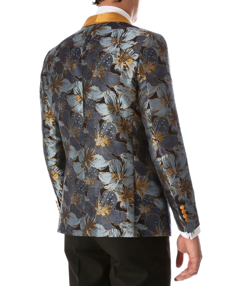 Men's Blue Hugo Floral Modern Fit Shawl Collar Tuxedo Blazer - Ferrecci USA 
