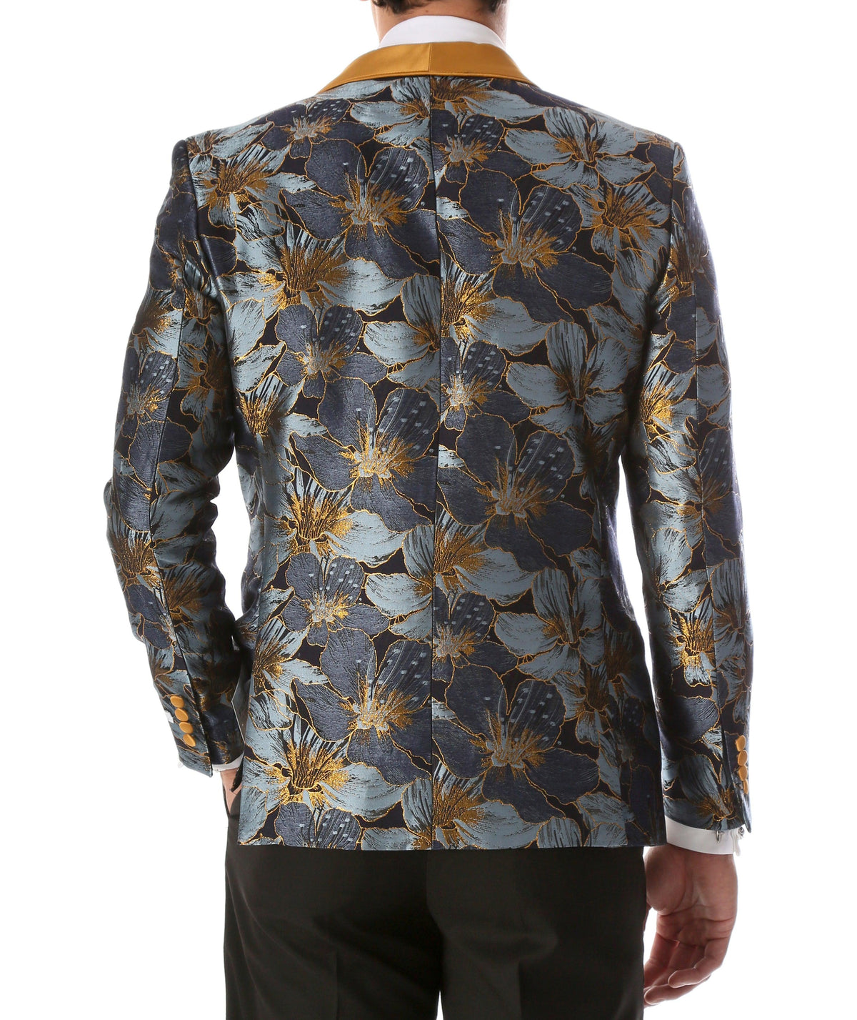 Men's Blue Hugo Floral Modern Fit Shawl Collar Tuxedo Blazer - Ferrecci USA 