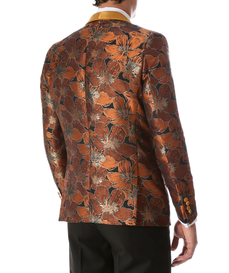 Men's Hugo Rust Floral Modern Fit Shawl Collar Tuxedo Blazer - Ferrecci USA 