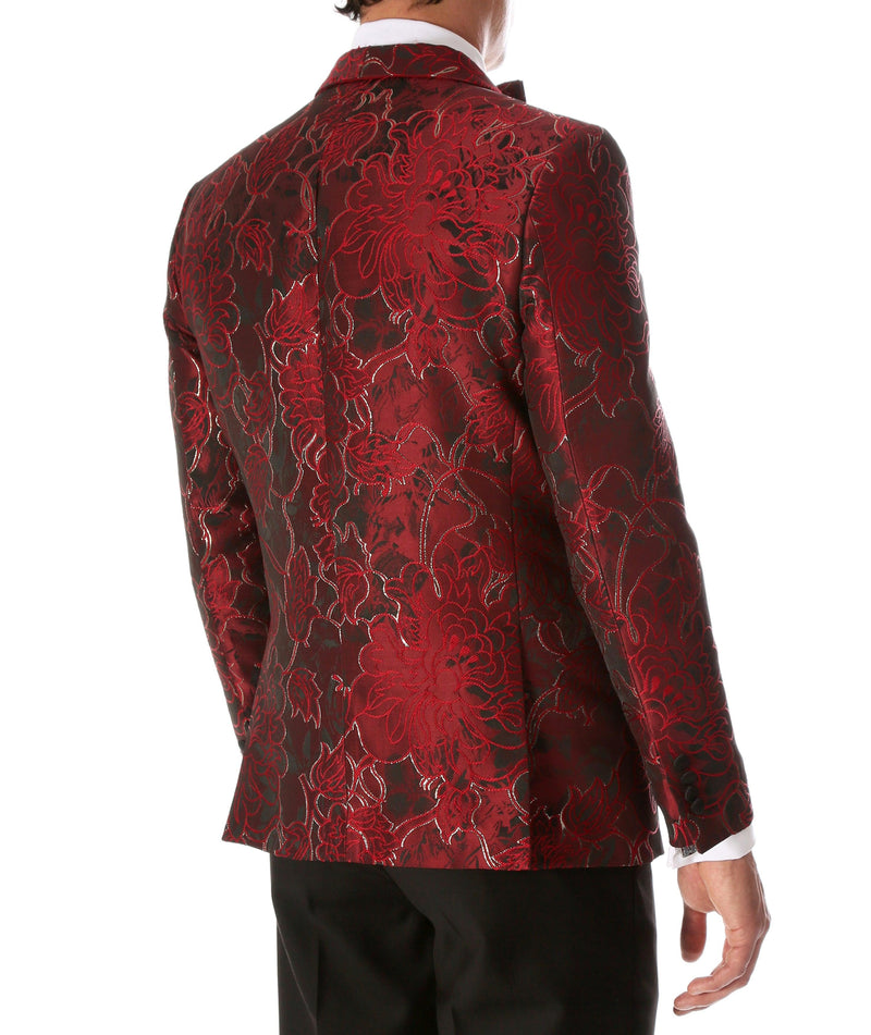 Men's Romi Red Floral Modern Fit Shawl Collar Tuxedo Blazer - Ferrecci USA 