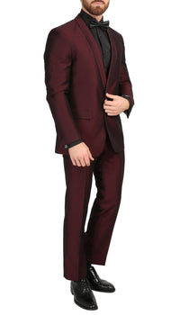 Mens Daxson Burgundy Slim Fit Shawl Collar 3pc Tuxedo - Ferrecci USA 
