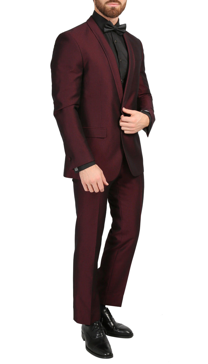 Mens Daxson Burgundy Slim Fit Shawl Collar 3pc Tuxedo - Ferrecci USA 