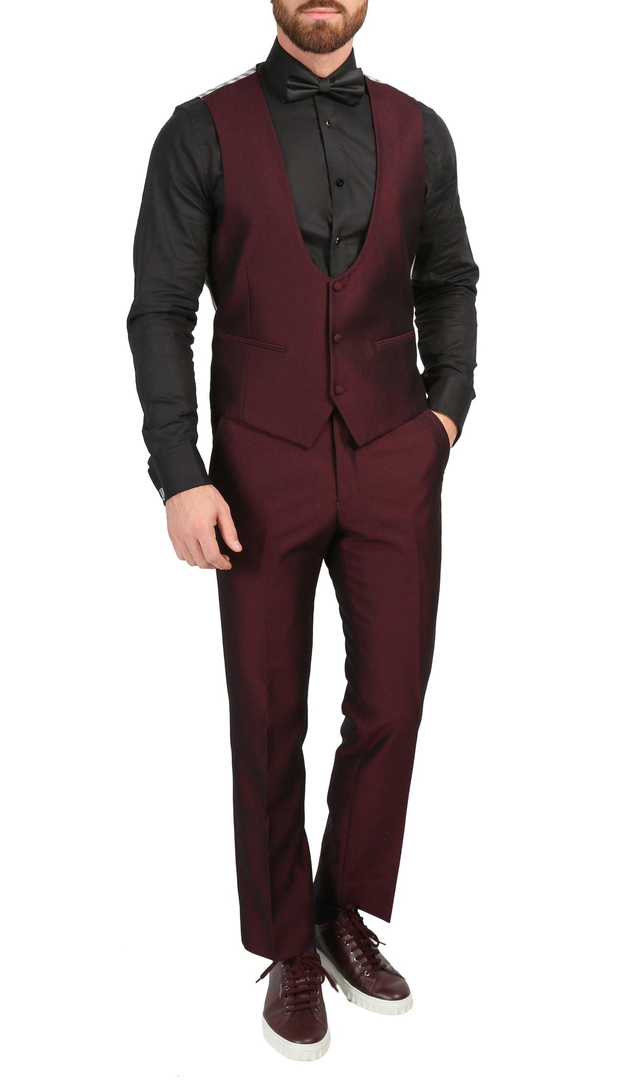 Mens Daxson Burgundy Slim Fit Shawl Collar 3pc Tuxedo - Ferrecci USA 