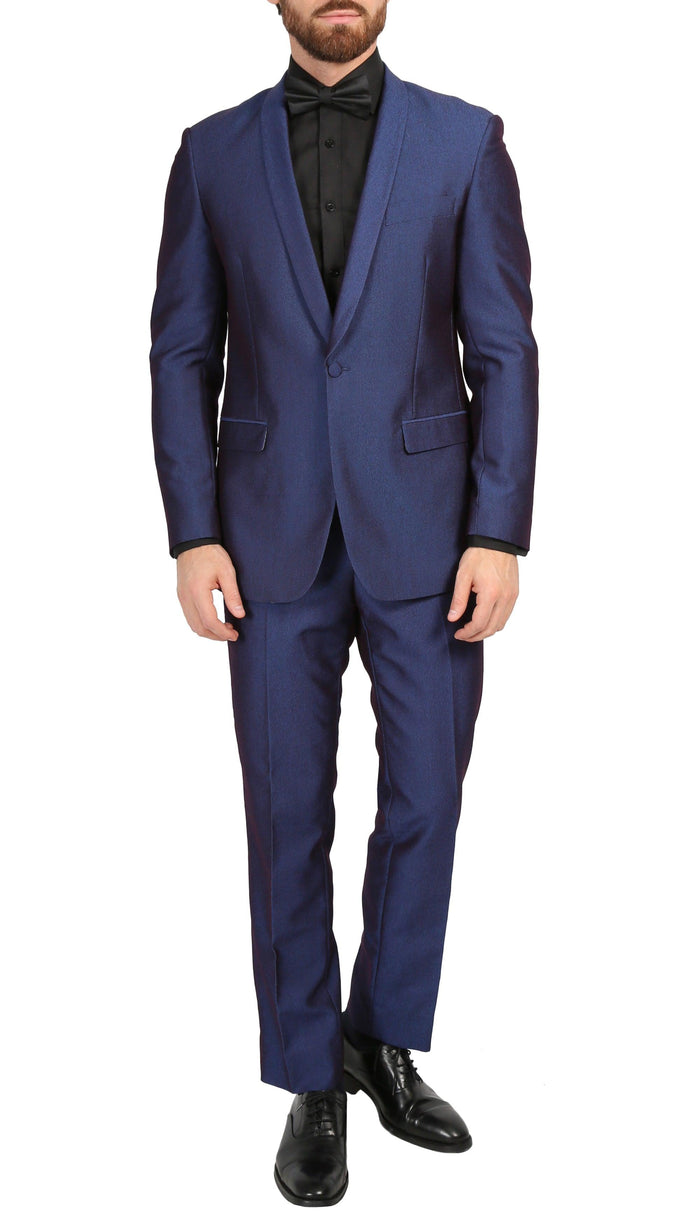Mens Daxson Navy Slim Fit Shawl Collar 3pc Tuxedo - Ferrecci USA 