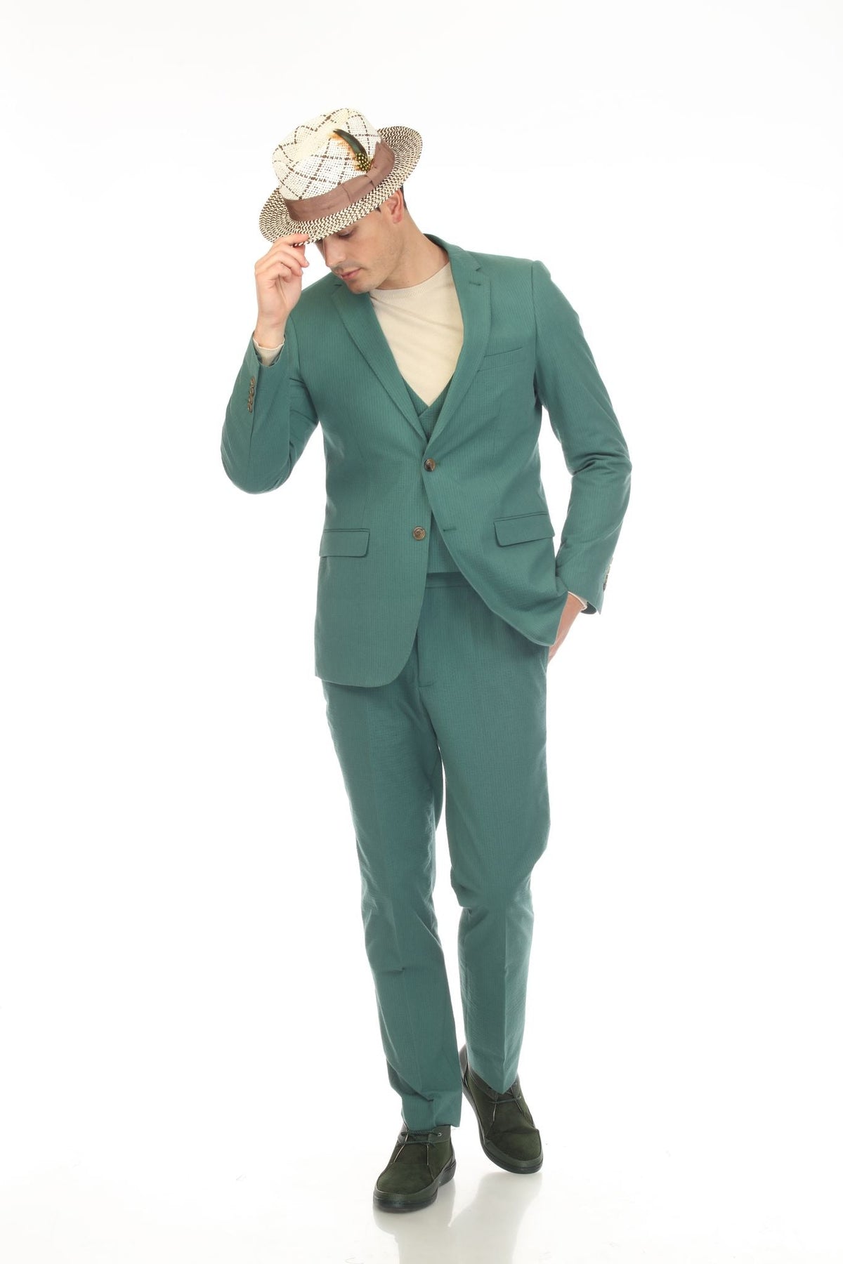 Men's Slim Fit Two Button Hunter Green 2 Button Notch Lapel Seersucker Suit.