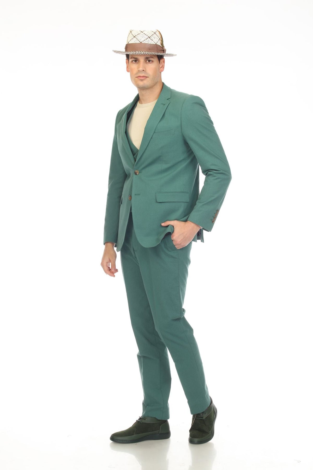 Men's Slim Fit Two Button Hunter Green 2 Button Notch Lapel Seersucker Suit.
