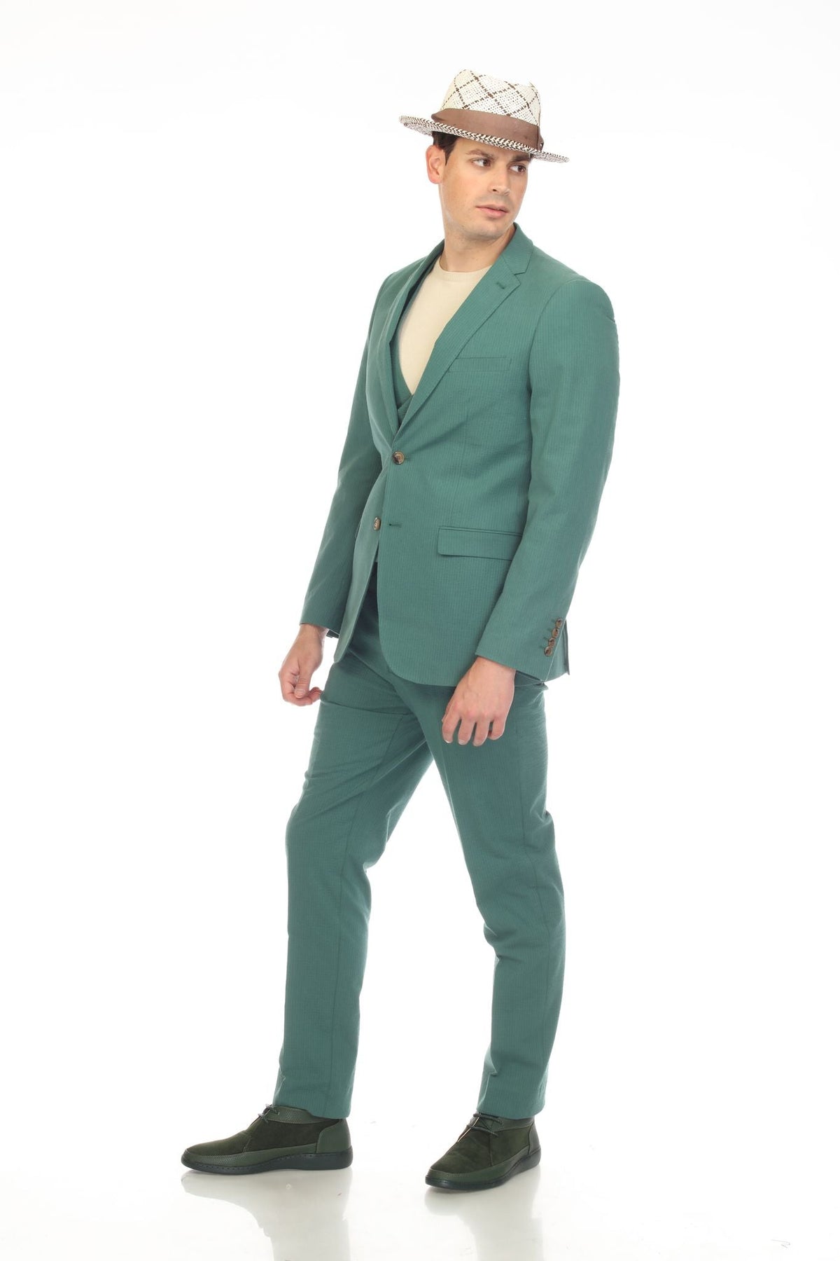 Men's Slim Fit Two Button Hunter Green 2 Button Notch Lapel Seersucker Suit.