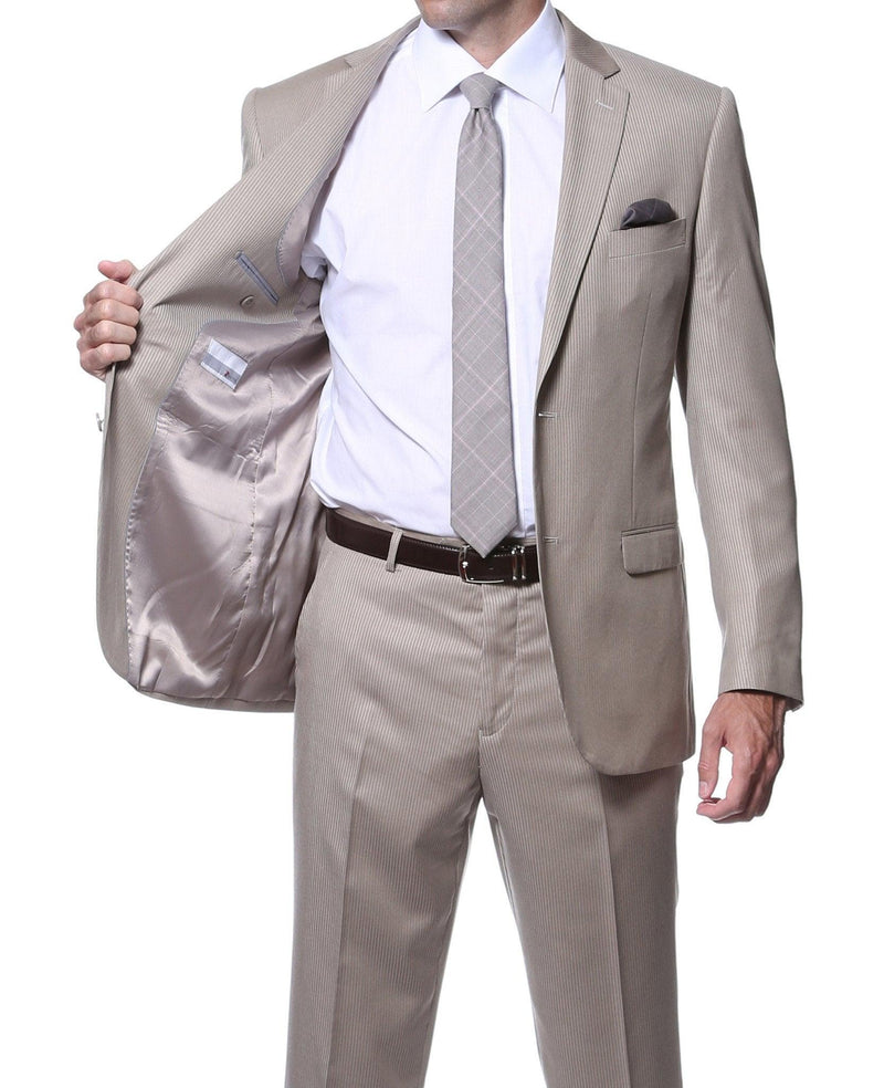 Parker 2 Piece Slim Fit Tan Striped Tone on Tone Wool Suit - Ferrecci USA 