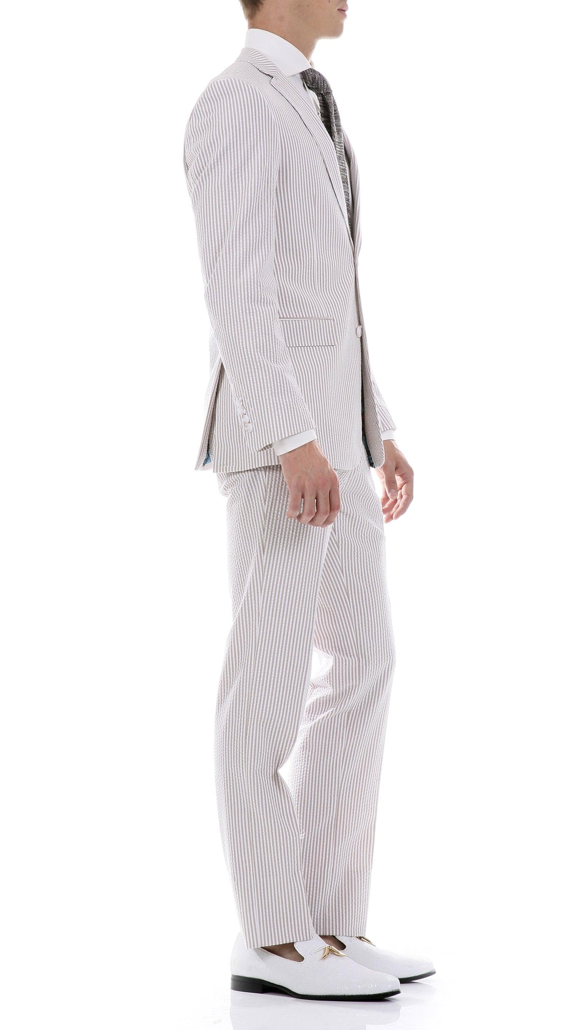 Premium Comfort Cotton Slim Fit Tan Seersucker 2 Piece Suit - Ferrecci USA 