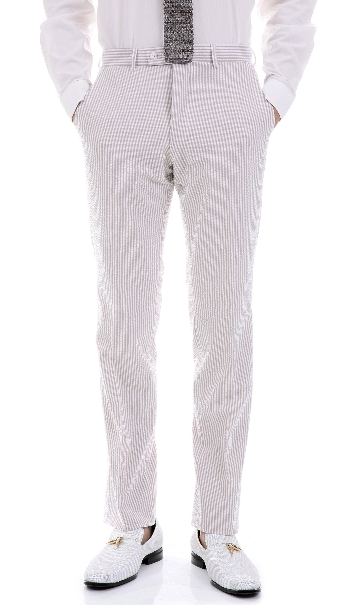 Premium Comfort Cotton Slim Fit Tan Seersucker 2 Piece Suit - Ferrecci USA 