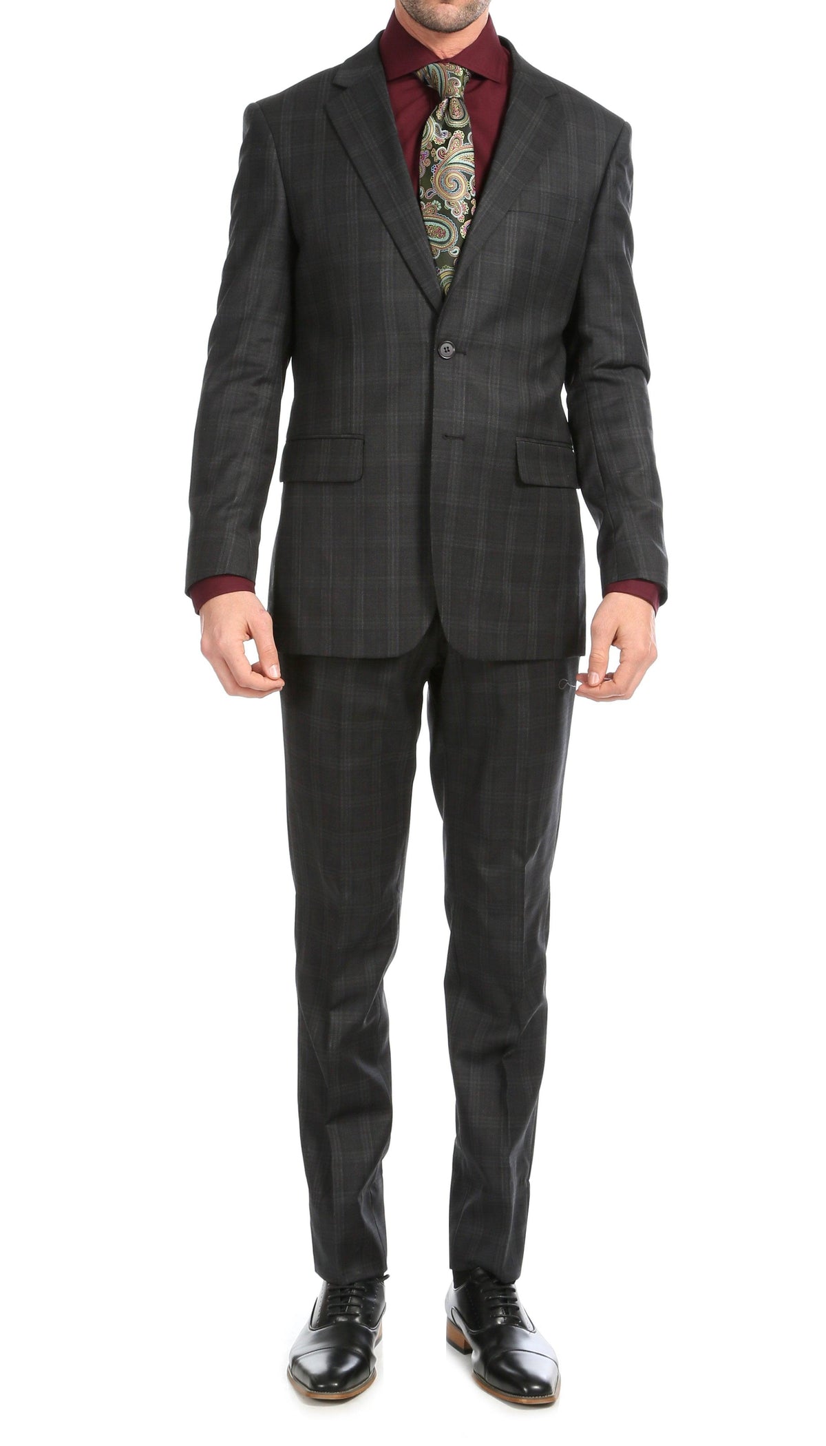 Yves Black Plaid Check Men's Premium 2 Piece Wool Slim Fit Suit - Ferrecci USA 
