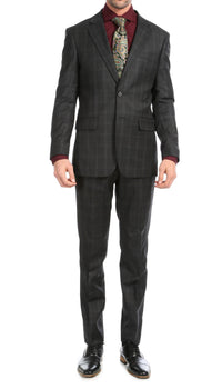 Yves Black Plaid Check Men's Premium 2 Piece Wool Slim Fit Suit - Ferrecci USA 