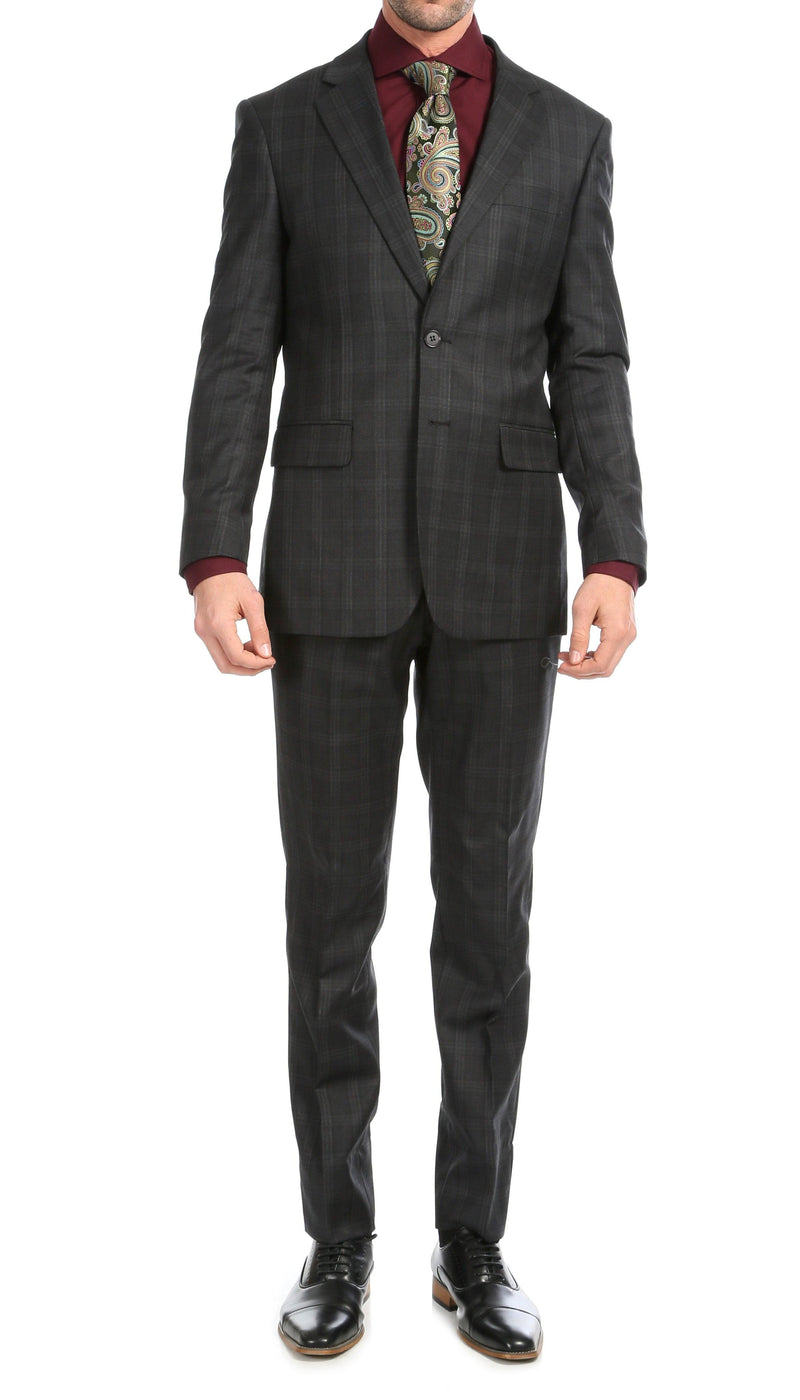 Yves Black Plaid Check Men's Premium 2 Piece Wool Slim Fit Suit - Ferrecci USA 