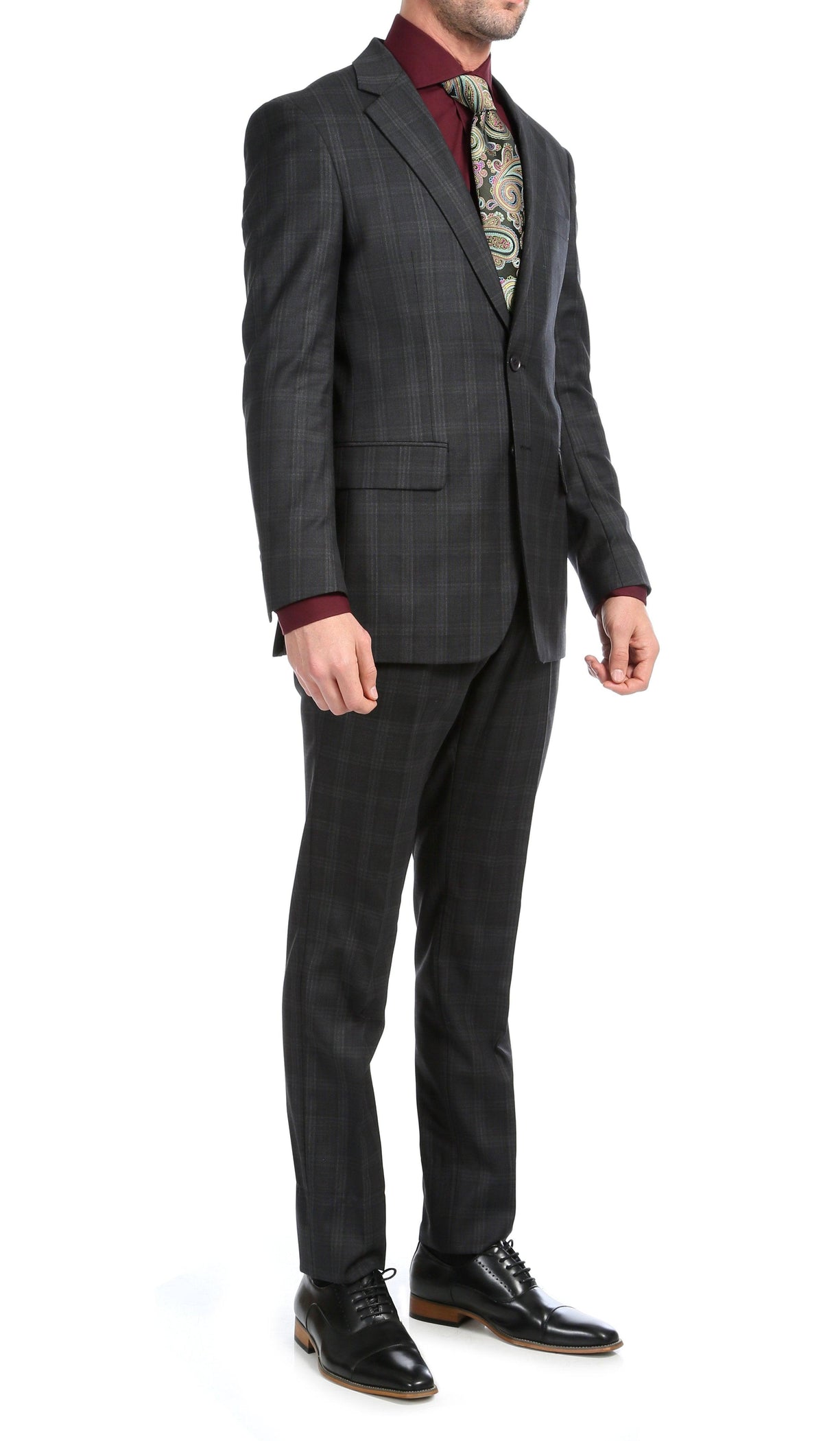Yves Black Plaid Check Men's Premium 2 Piece Wool Slim Fit Suit - Ferrecci USA 