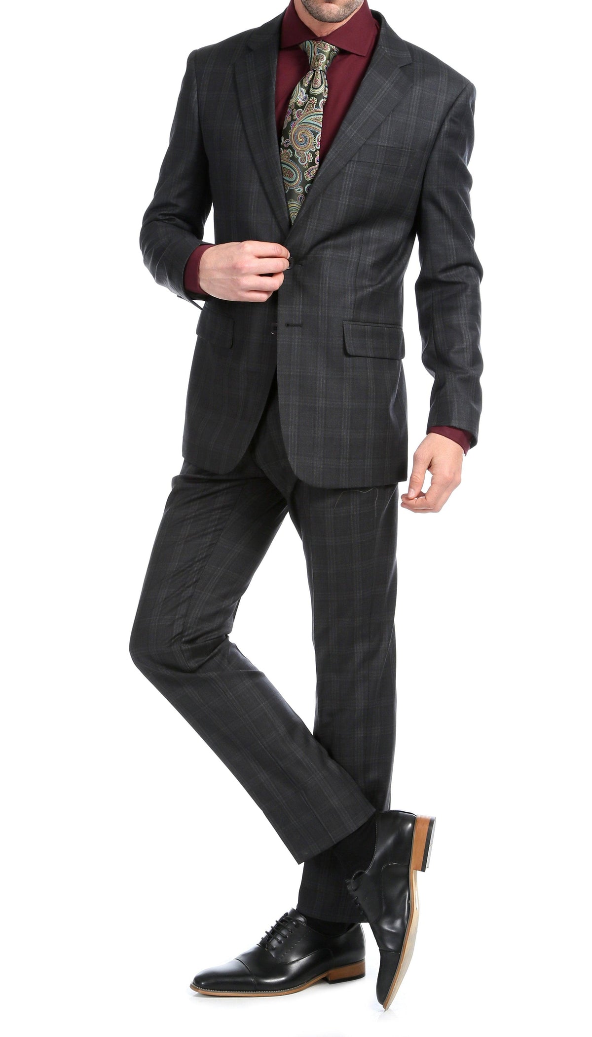 Yves Black Plaid Check Men's Premium 2 Piece Wool Slim Fit Suit - Ferrecci USA 